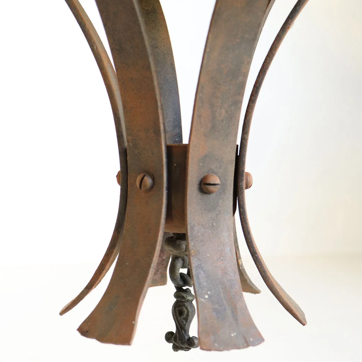 Pair American Albert Sechrist Gothic Revival Iron and Bronze, Mica One-Light Pendant Lanterns
