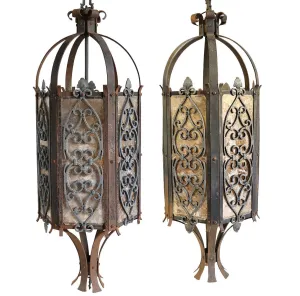 Pair American Albert Sechrist Gothic Revival Iron and Bronze, Mica One-Light Pendant Lanterns