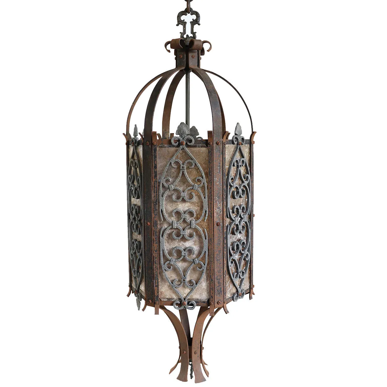 Pair American Albert Sechrist Gothic Revival Iron and Bronze, Mica One-Light Pendant Lanterns