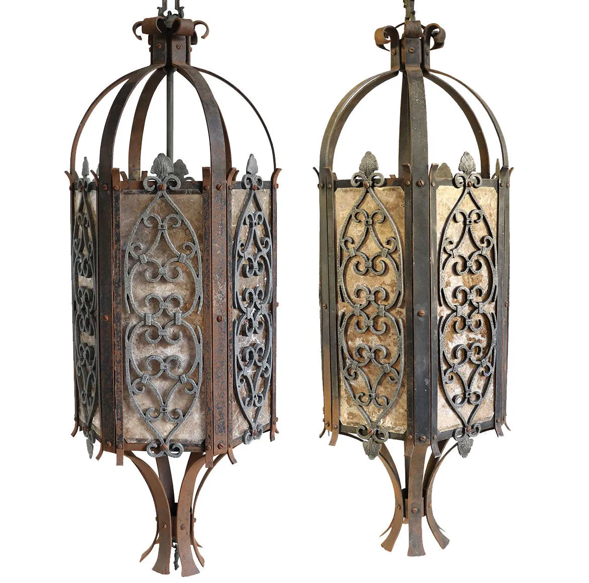 Pair American Albert Sechrist Gothic Revival Iron and Bronze, Mica One-Light Pendant Lanterns