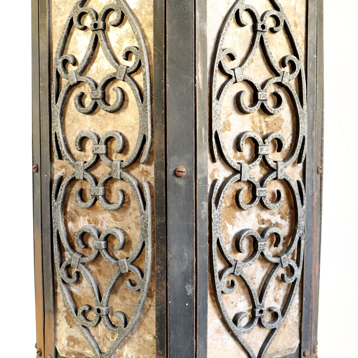 Pair American Albert Sechrist Gothic Revival Iron and Bronze, Mica One-Light Pendant Lanterns