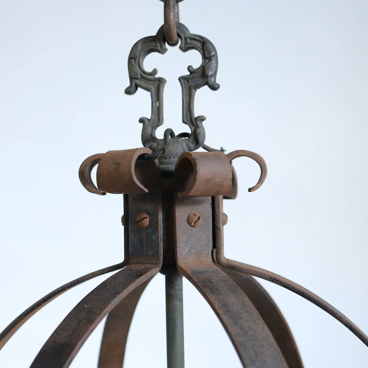 Pair American Albert Sechrist Gothic Revival Iron and Bronze, Mica One-Light Pendant Lanterns