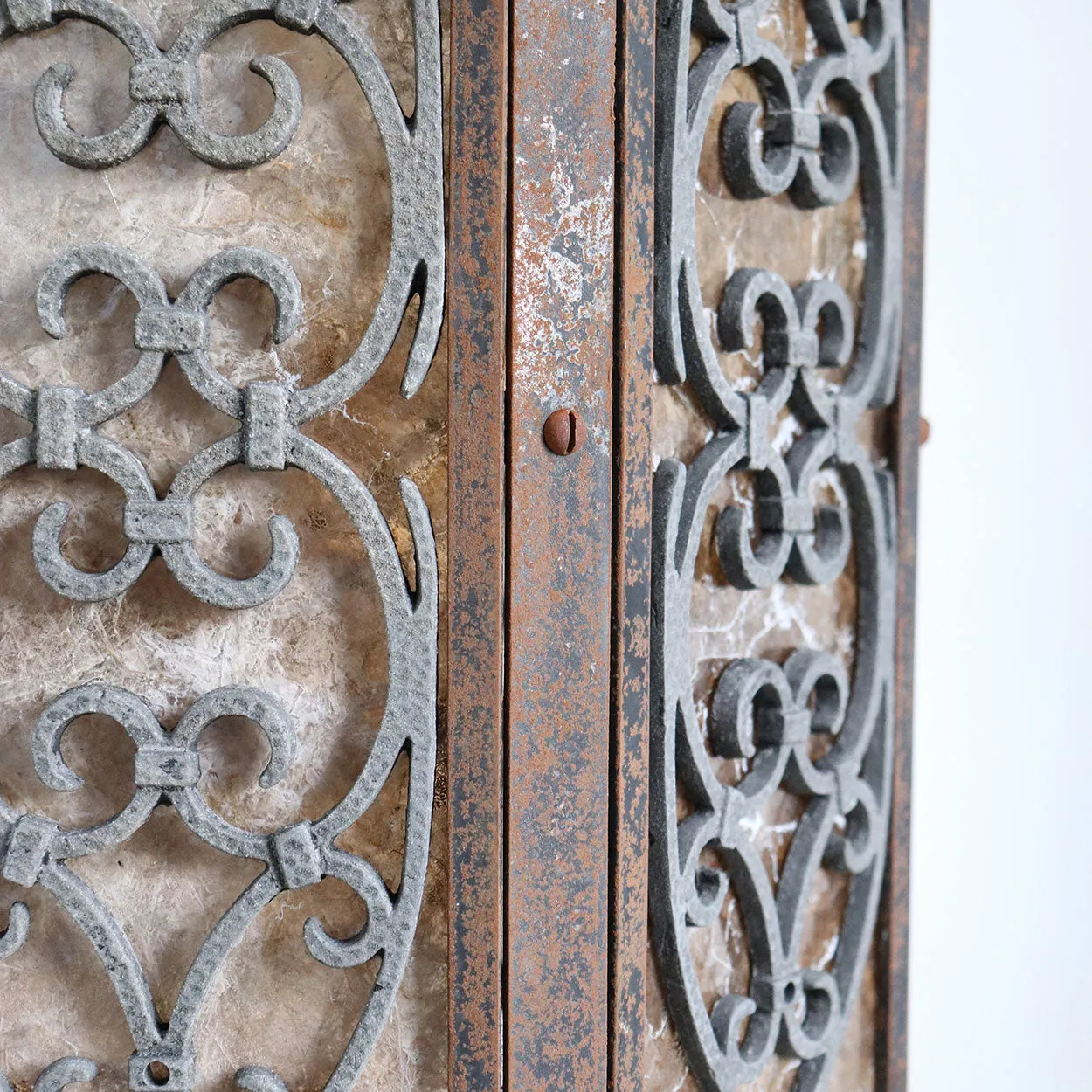 Pair American Albert Sechrist Gothic Revival Iron and Bronze, Mica One-Light Pendant Lanterns