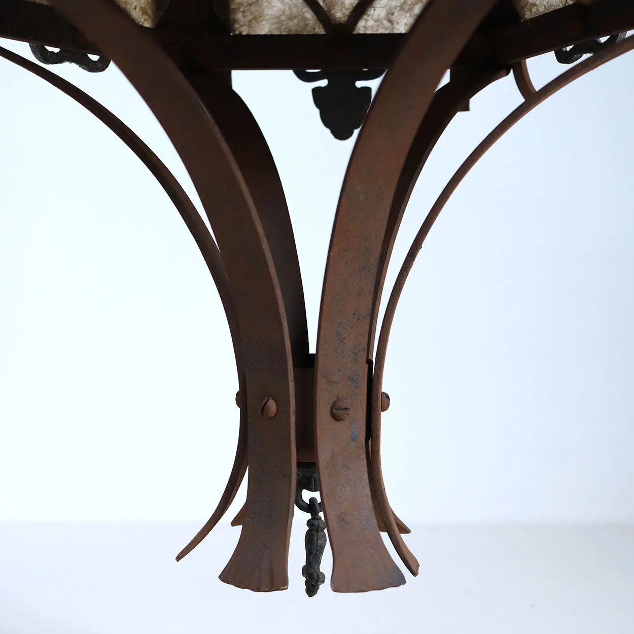 Pair American Albert Sechrist Gothic Revival Iron and Bronze, Mica One-Light Pendant Lanterns