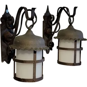 Pair American Lafayette Hughes Mansion Exterior Wrought Iron One-Light Lantern Sconces