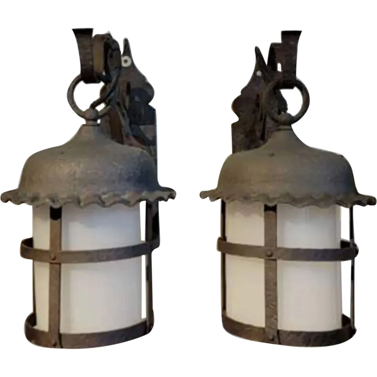 Pair American Lafayette Hughes Mansion Exterior Wrought Iron One-Light Lantern Sconces