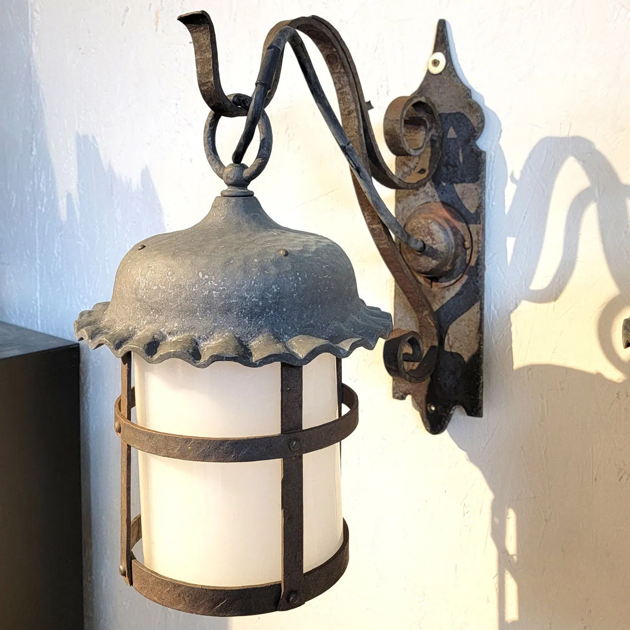 Pair American Lafayette Hughes Mansion Exterior Wrought Iron One-Light Lantern Sconces