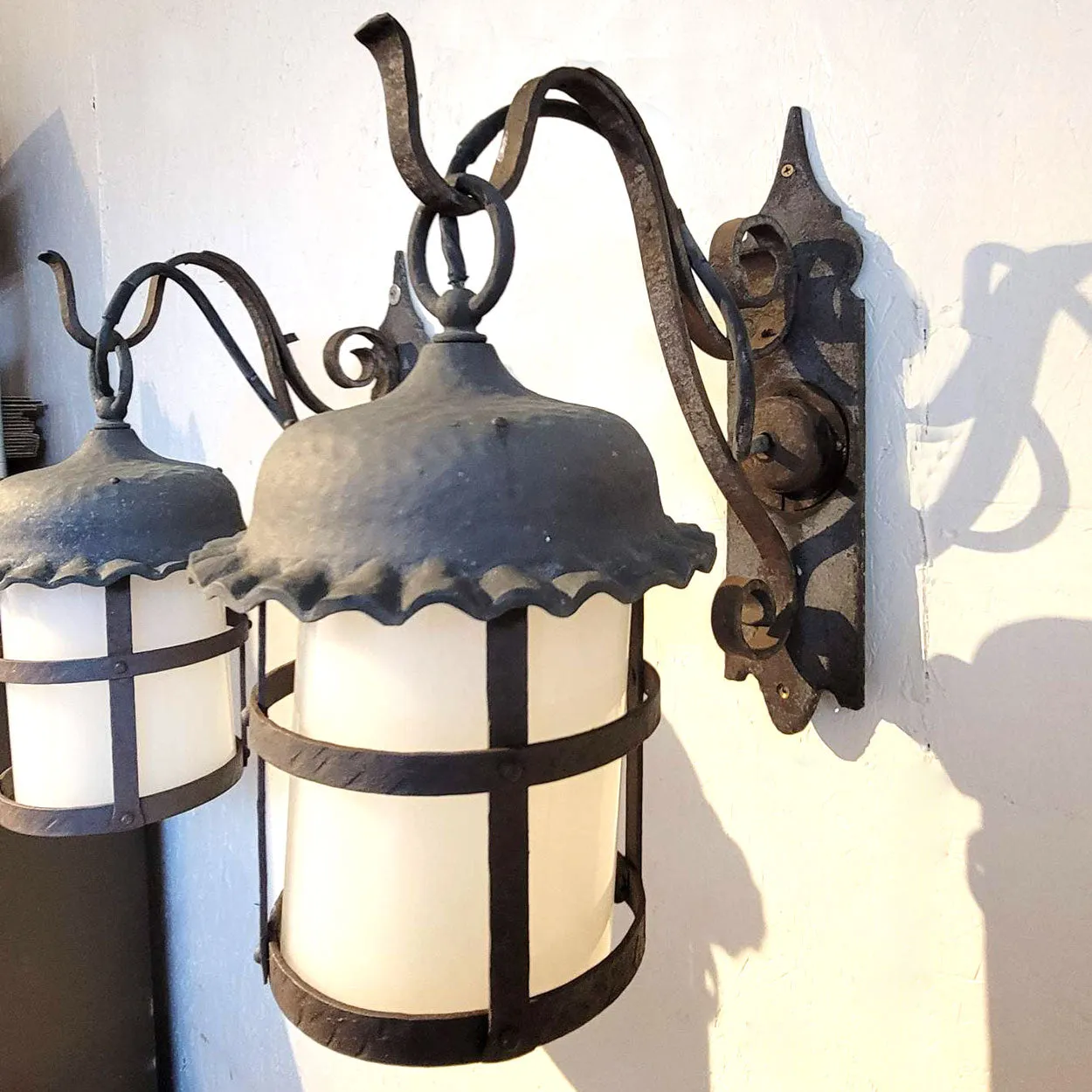 Pair American Lafayette Hughes Mansion Exterior Wrought Iron One-Light Lantern Sconces
