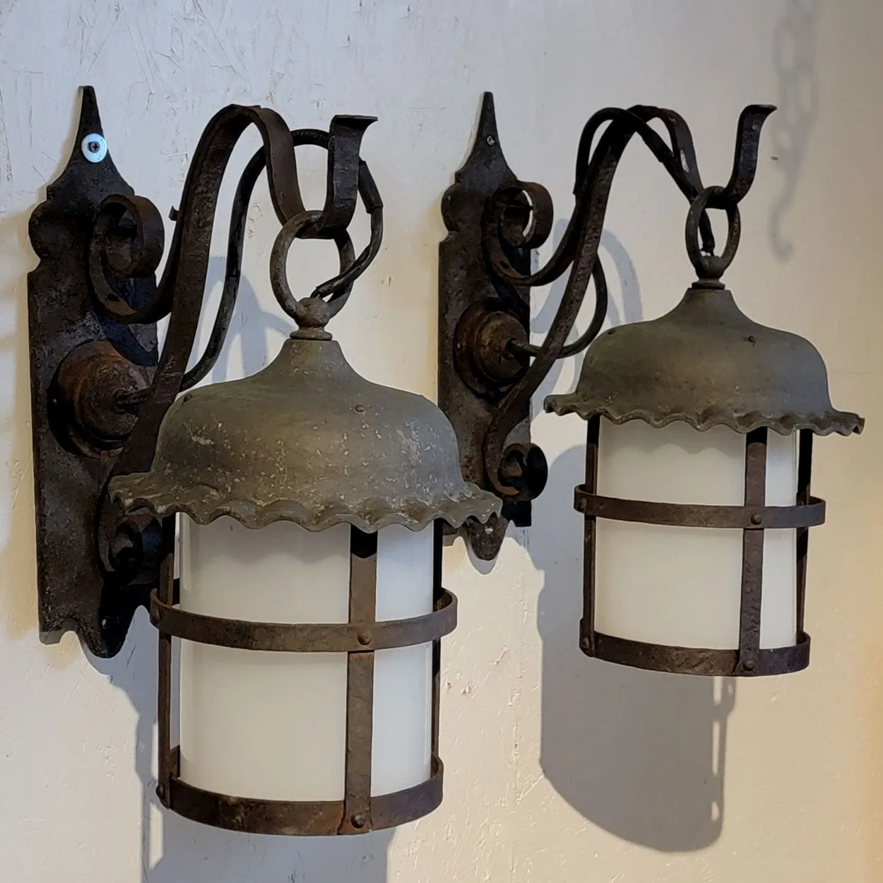 Pair American Lafayette Hughes Mansion Exterior Wrought Iron One-Light Lantern Sconces
