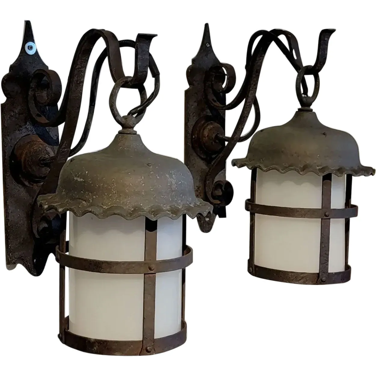 Pair American Lafayette Hughes Mansion Exterior Wrought Iron One-Light Lantern Sconces