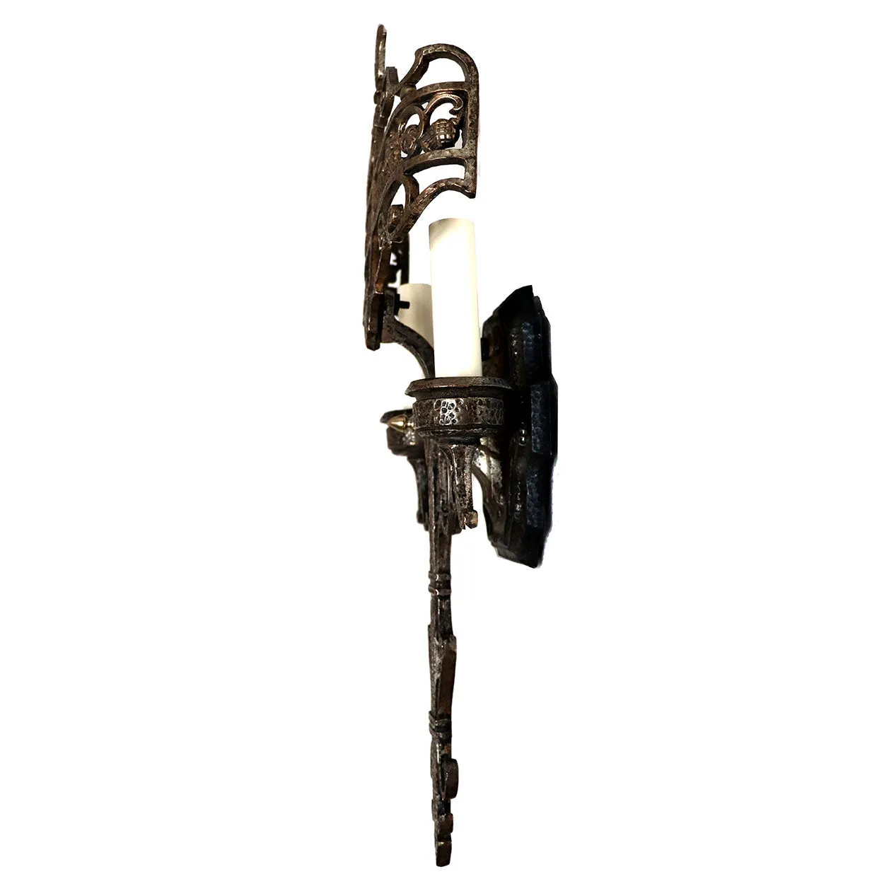 Pair American Lincoln Cambridge Tudor Revival Plated Brass Two-Light Wall Sconces