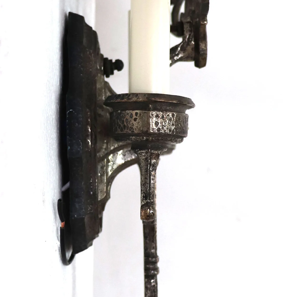 Pair American Lincoln Cambridge Tudor Revival Plated Brass Two-Light Wall Sconces