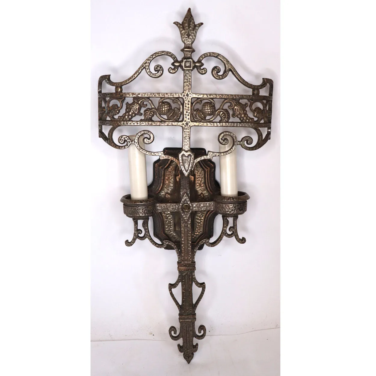 Pair American Lincoln Cambridge Tudor Revival Plated Brass Two-Light Wall Sconces