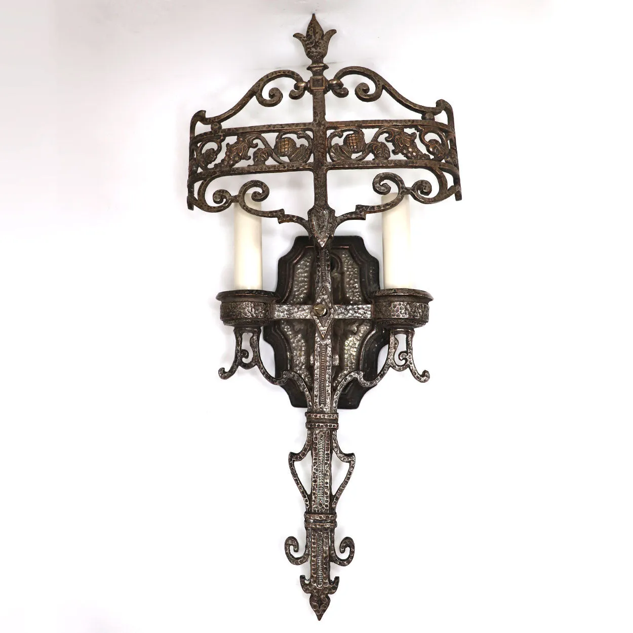 Pair American Lincoln Cambridge Tudor Revival Plated Brass Two-Light Wall Sconces