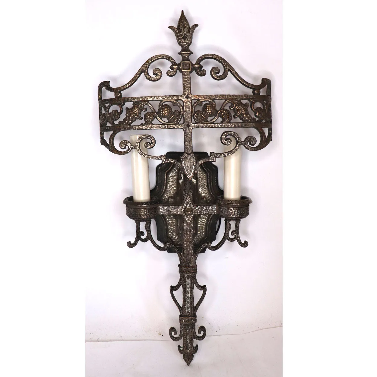 Pair American Lincoln Cambridge Tudor Revival Plated Brass Two-Light Wall Sconces