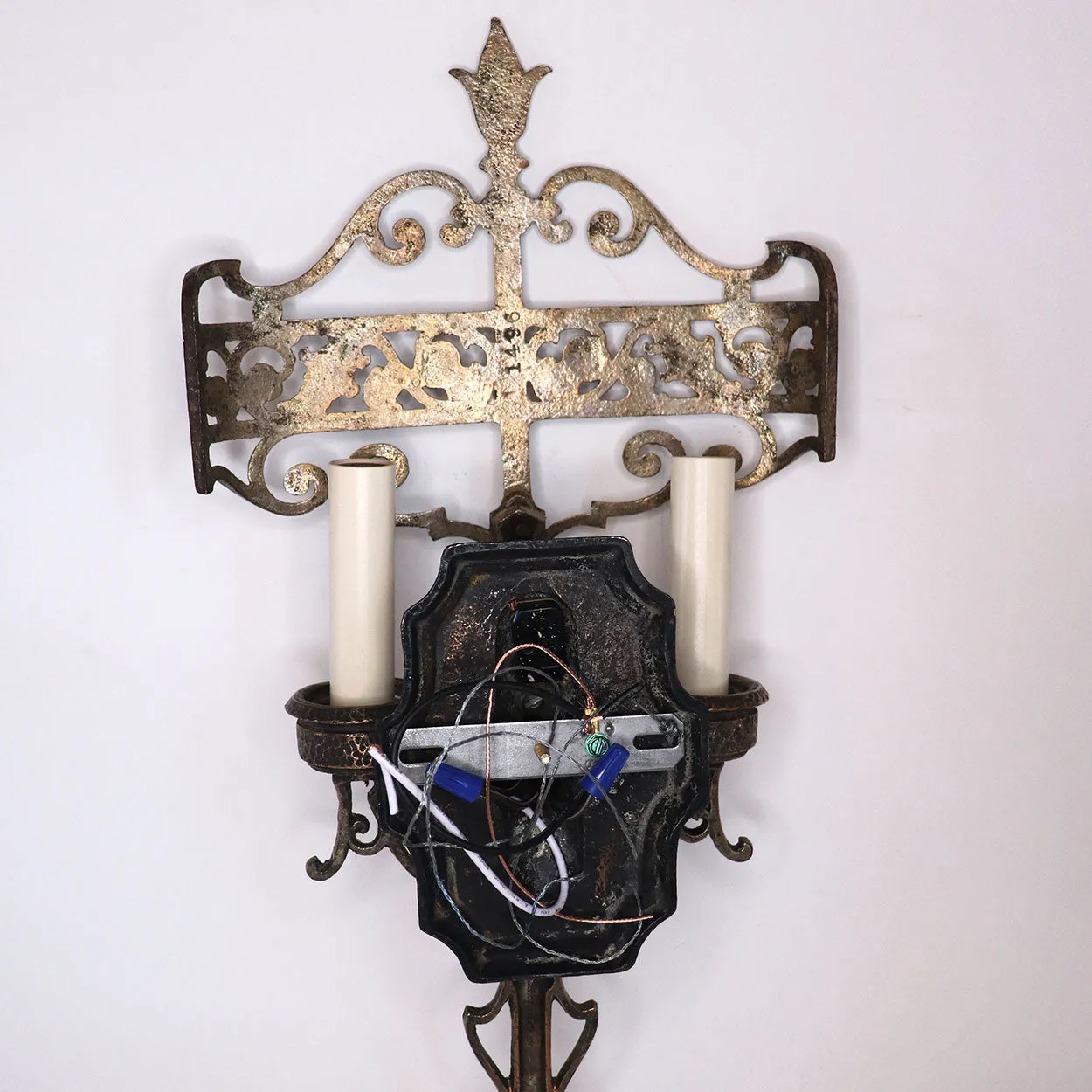 Pair American Lincoln Cambridge Tudor Revival Plated Brass Two-Light Wall Sconces