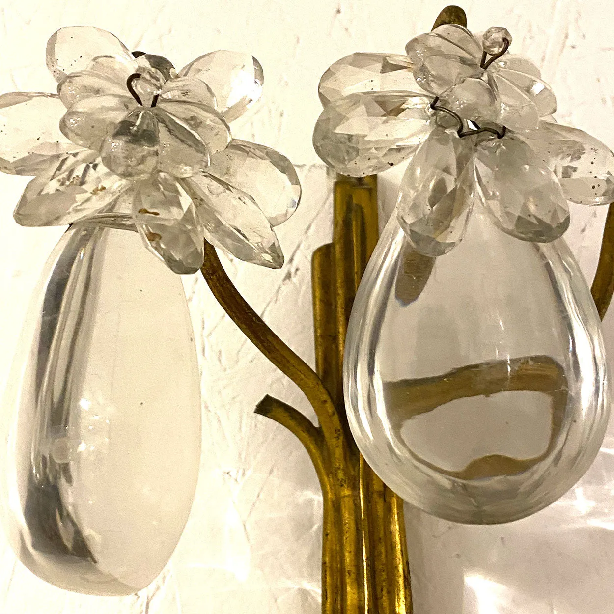 Pair Large French Louis XV Style Gilt Brass and Crystal Three-Light Wall Sconces