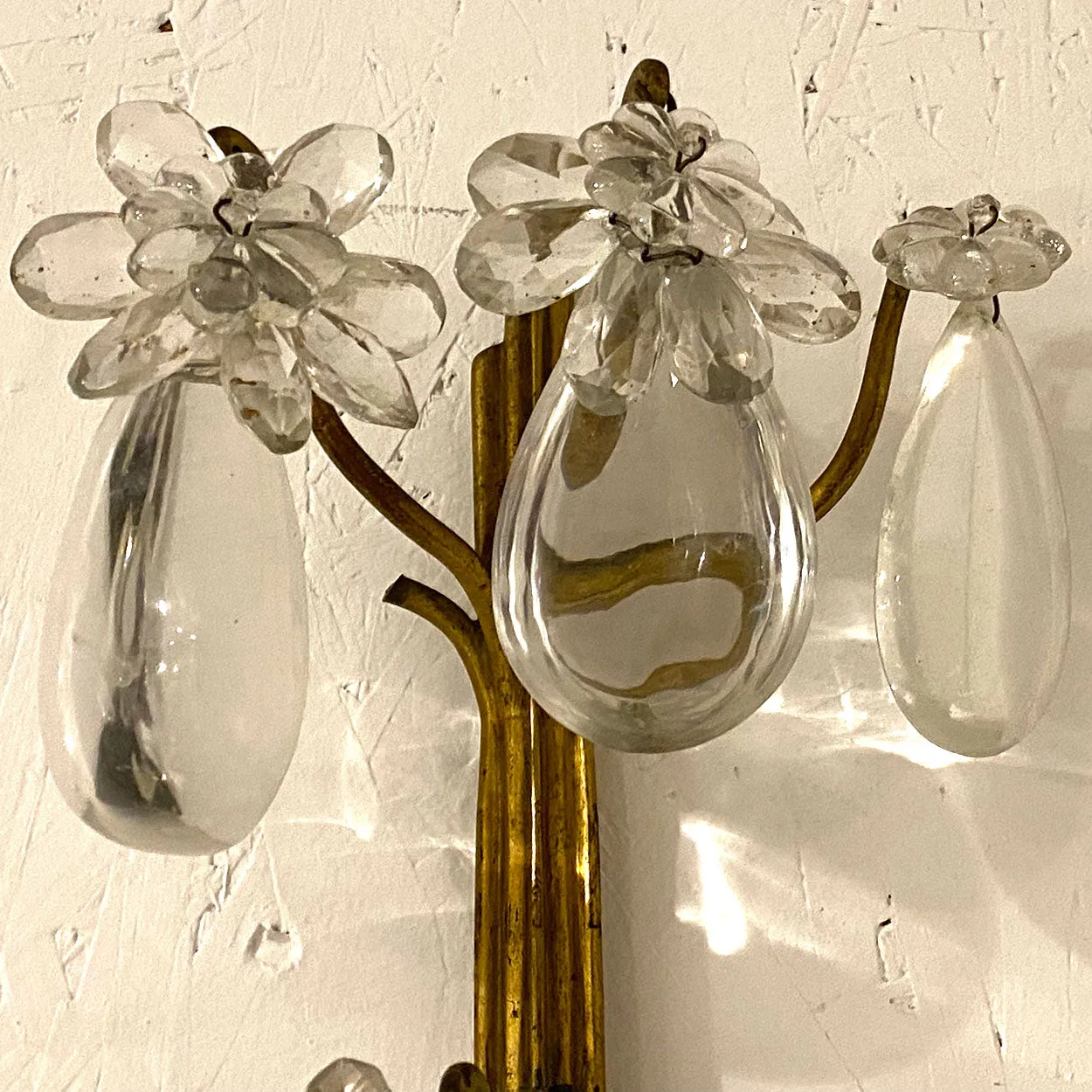 Pair Large French Louis XV Style Gilt Brass and Crystal Three-Light Wall Sconces