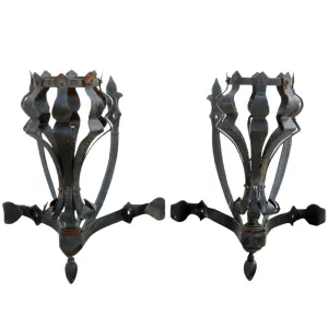 Pair of American Medieval Style Painted Wrought Iron One-Light Corner Wall Sconces