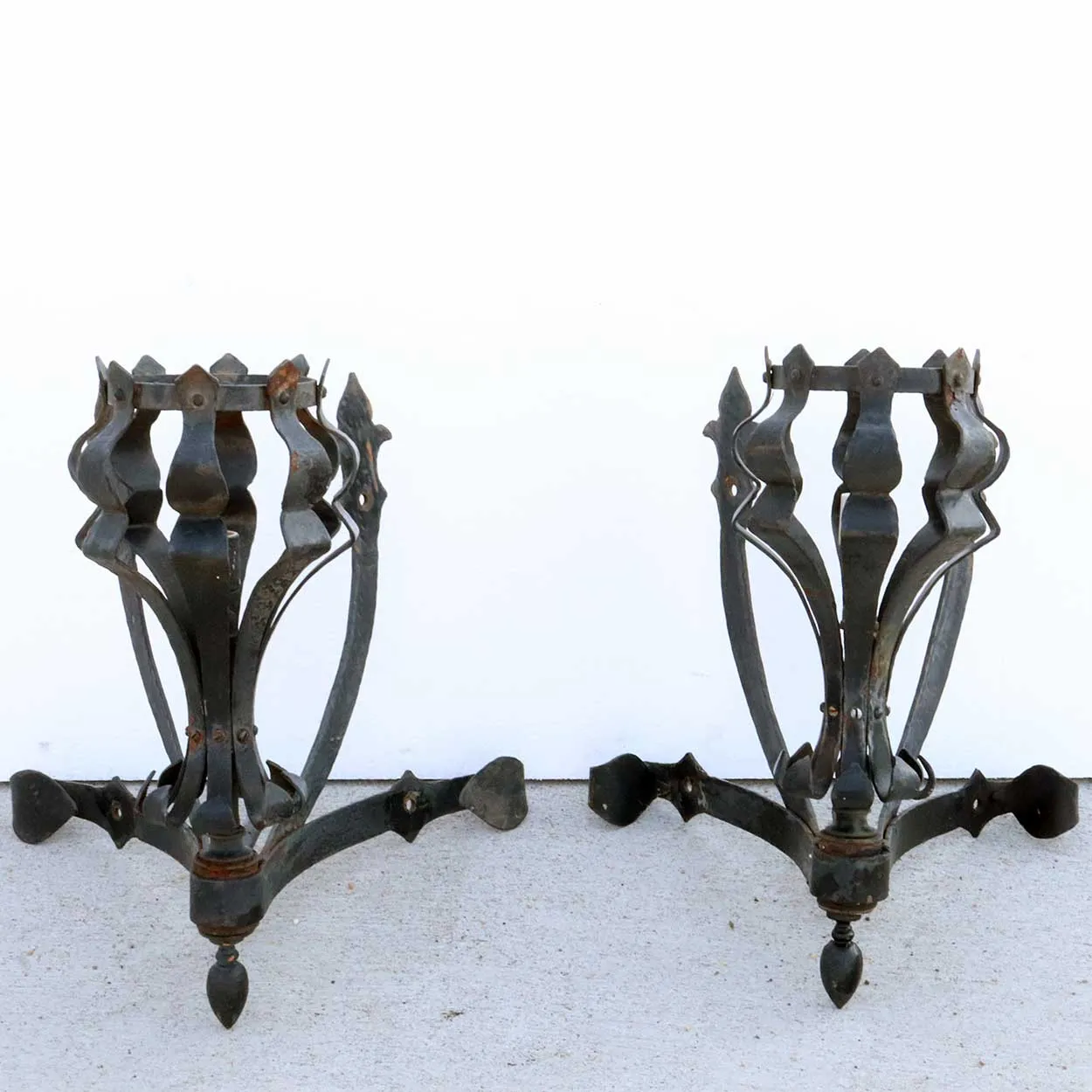 Pair of American Medieval Style Painted Wrought Iron One-Light Corner Wall Sconces