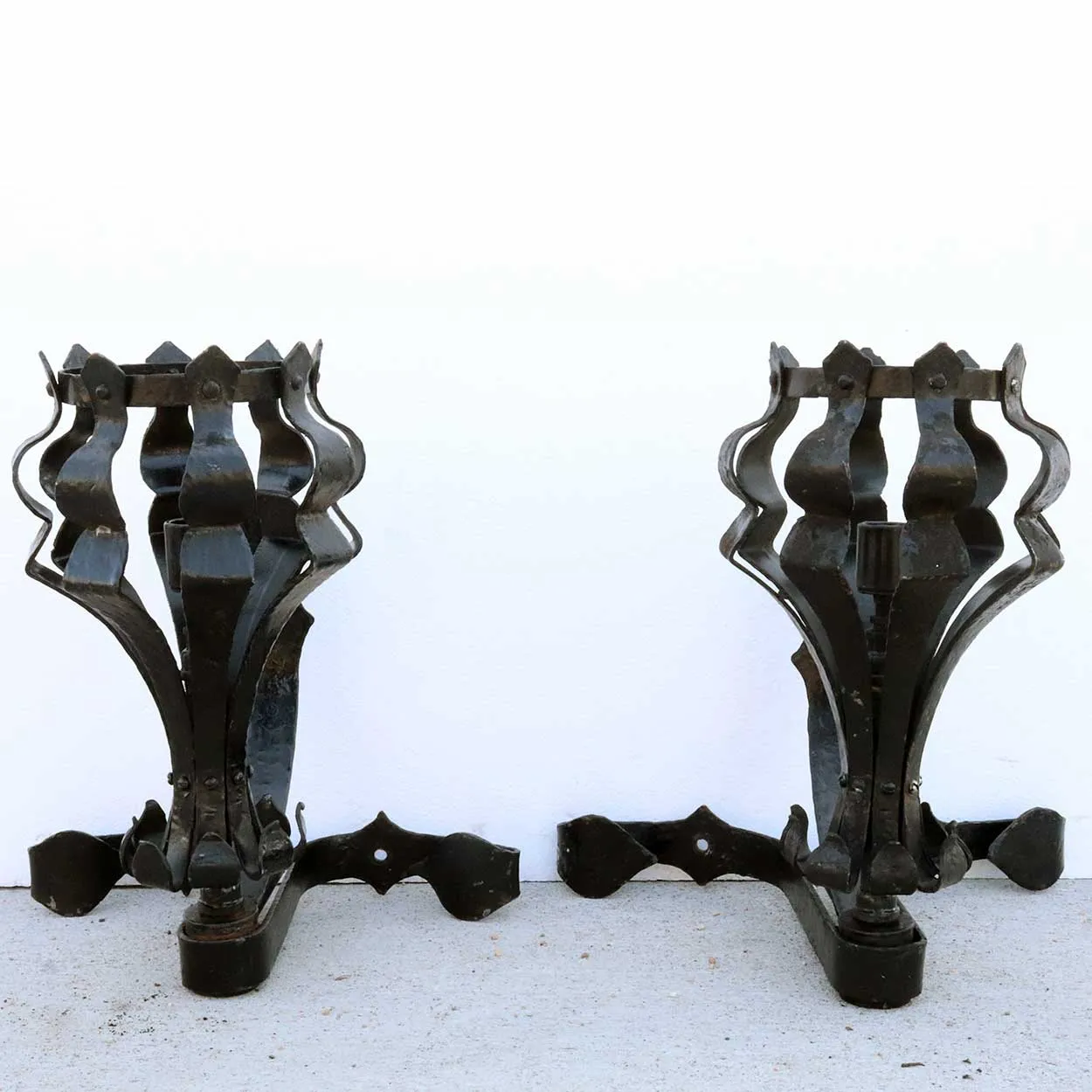 Pair of American Medieval Style Painted Wrought Iron One-Light Wall Sconces