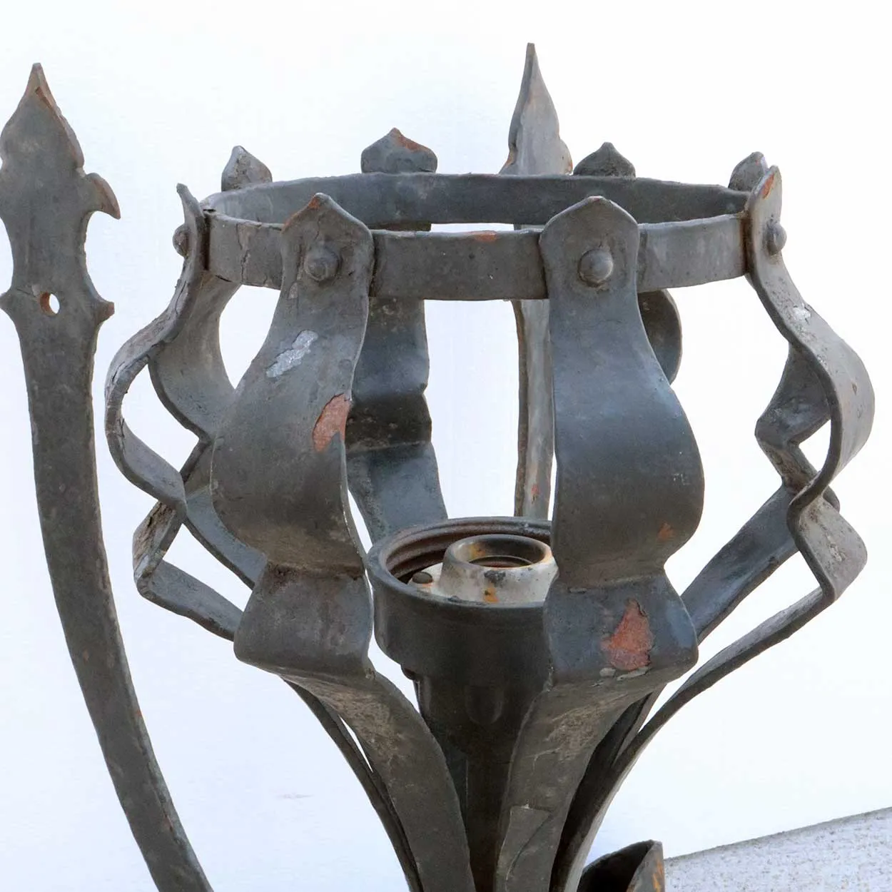 Pair of Large American Medieval Style Painted Wrought Iron One-Light Corner Wall Sconces