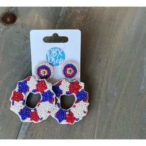 Patriotic Red White Stars Blue Seed Bead Dangle Earring