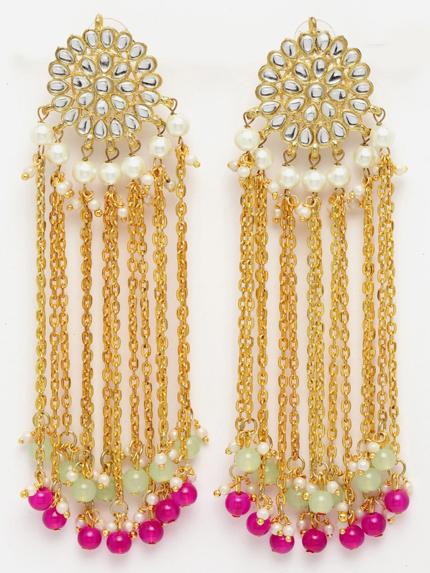 Pink and Green Beads Kundan Tassel Earrings