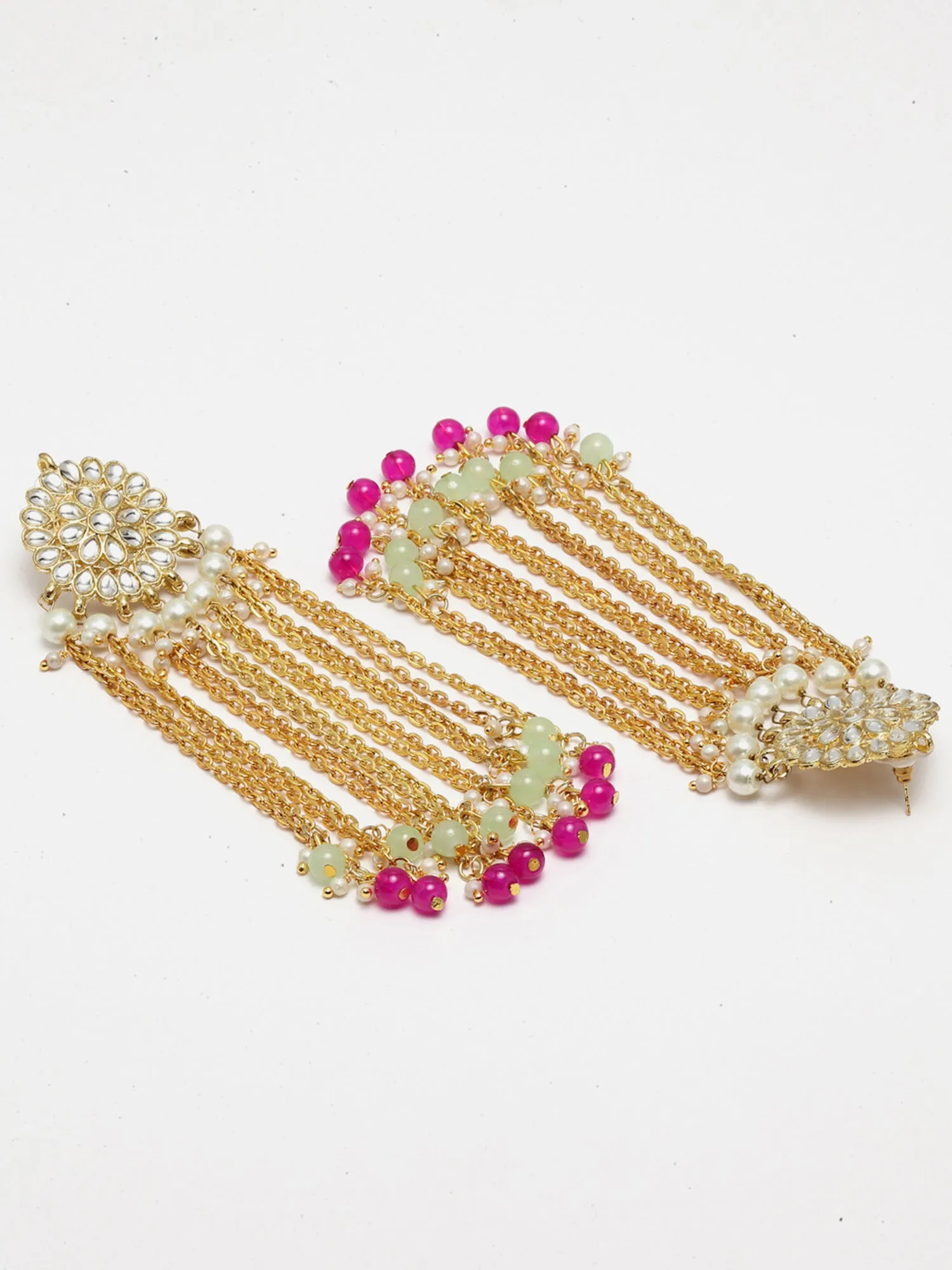 Pink and Green Beads Kundan Tassel Earrings