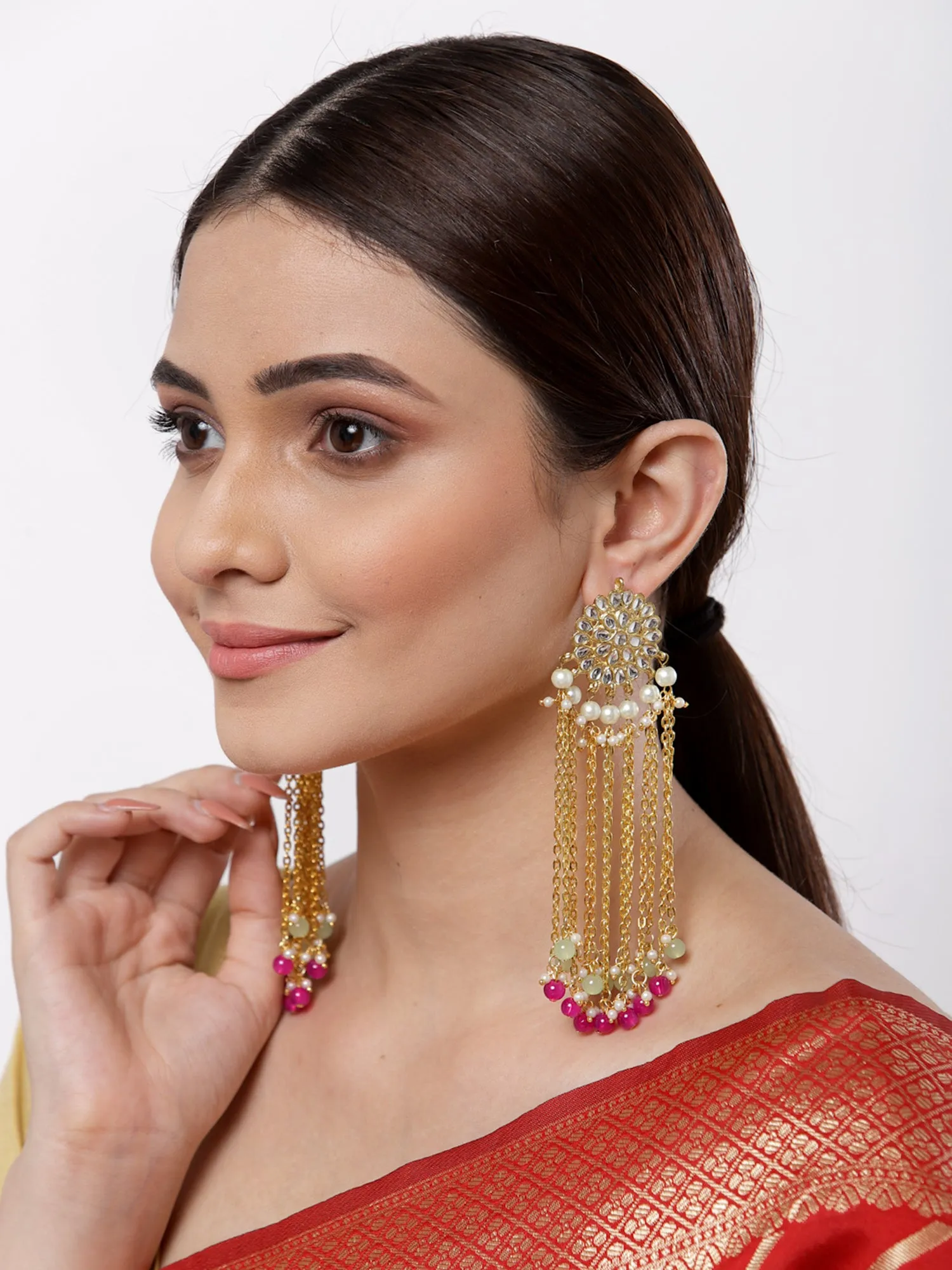 Pink and Green Beads Kundan Tassel Earrings