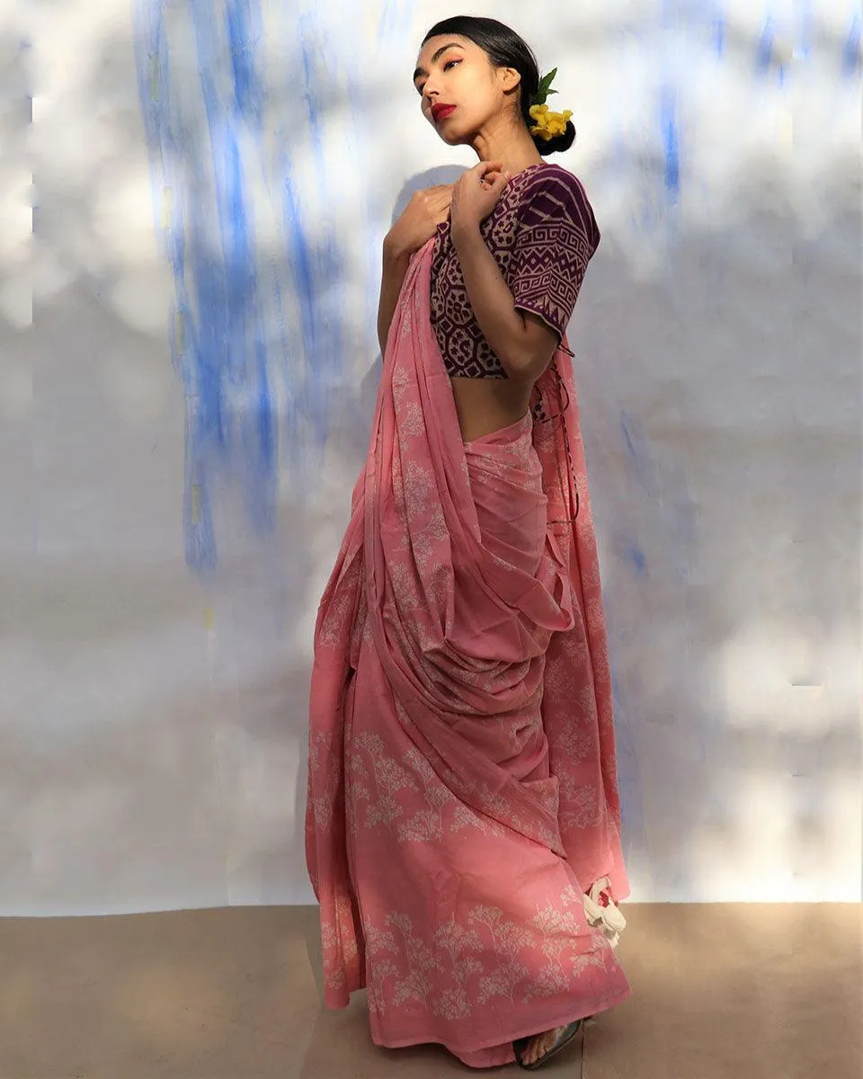 Pink Bouquet Handblock Printed Cotton Saree-Skd