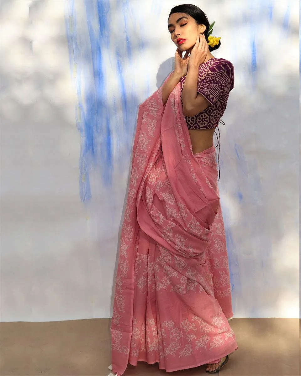 Pink Bouquet Handblock Printed Cotton Saree-Skd