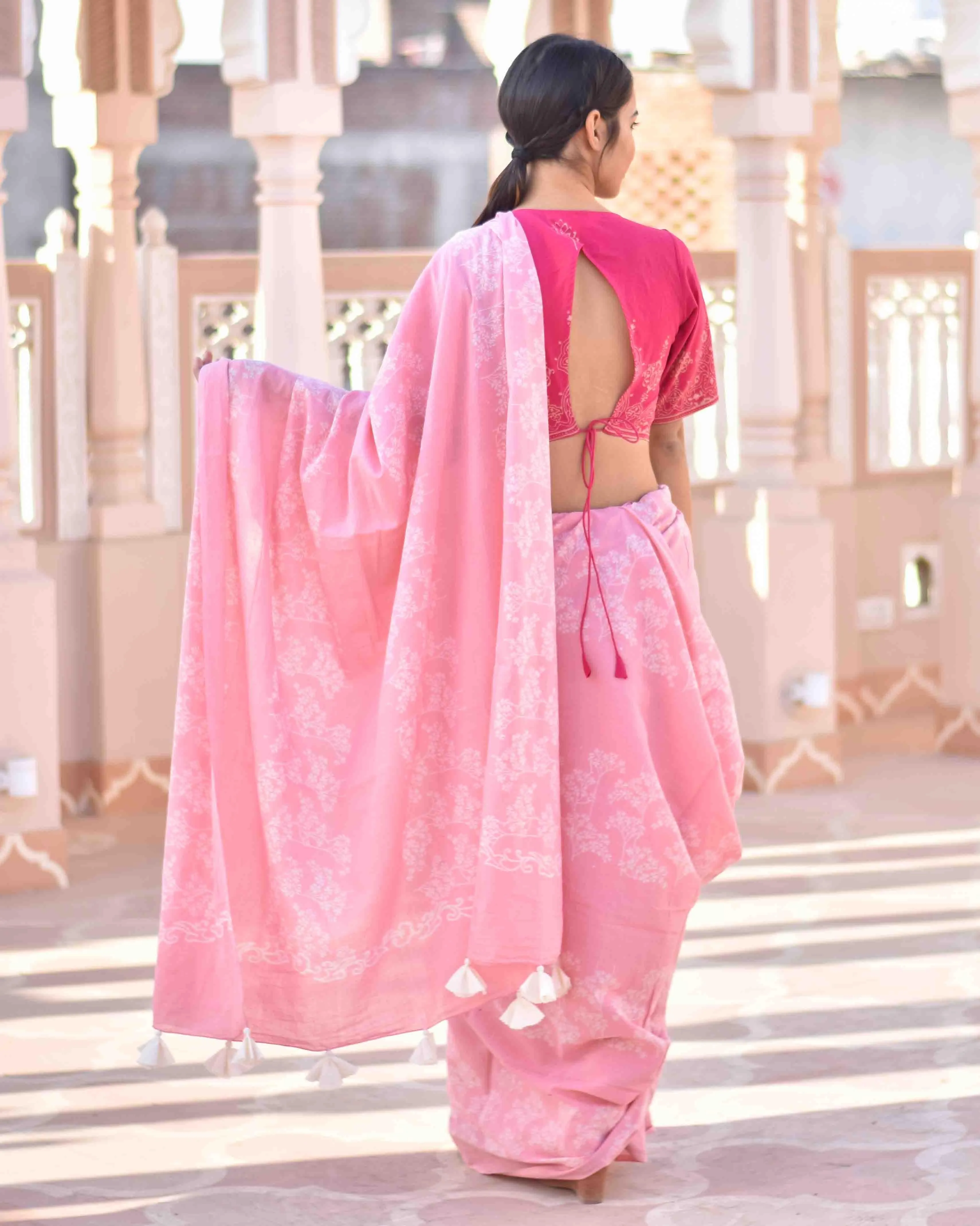 Pink Bouquet Handblock Printed Cotton Saree-Skd