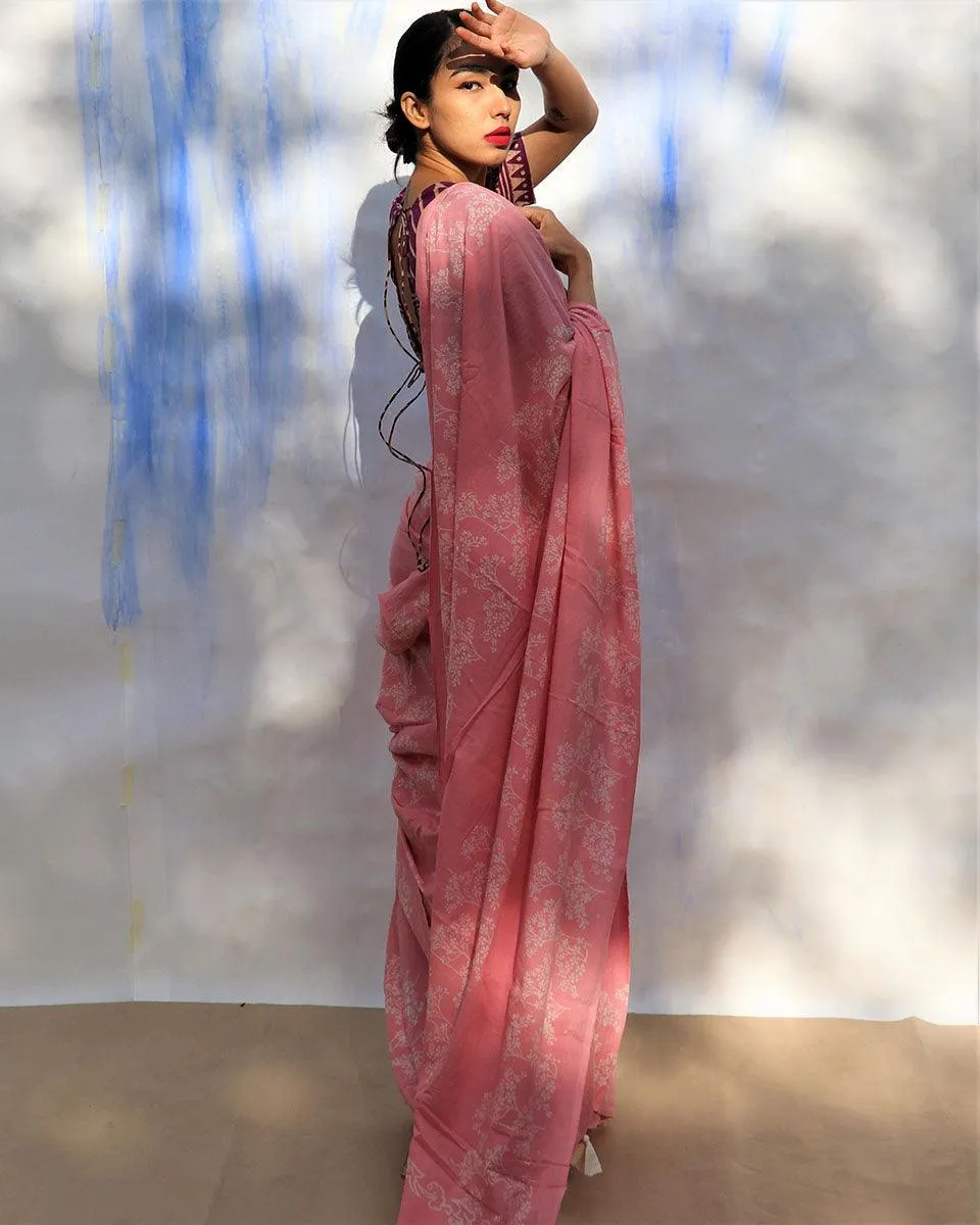 Pink Bouquet Handblock Printed Cotton Saree-Skd