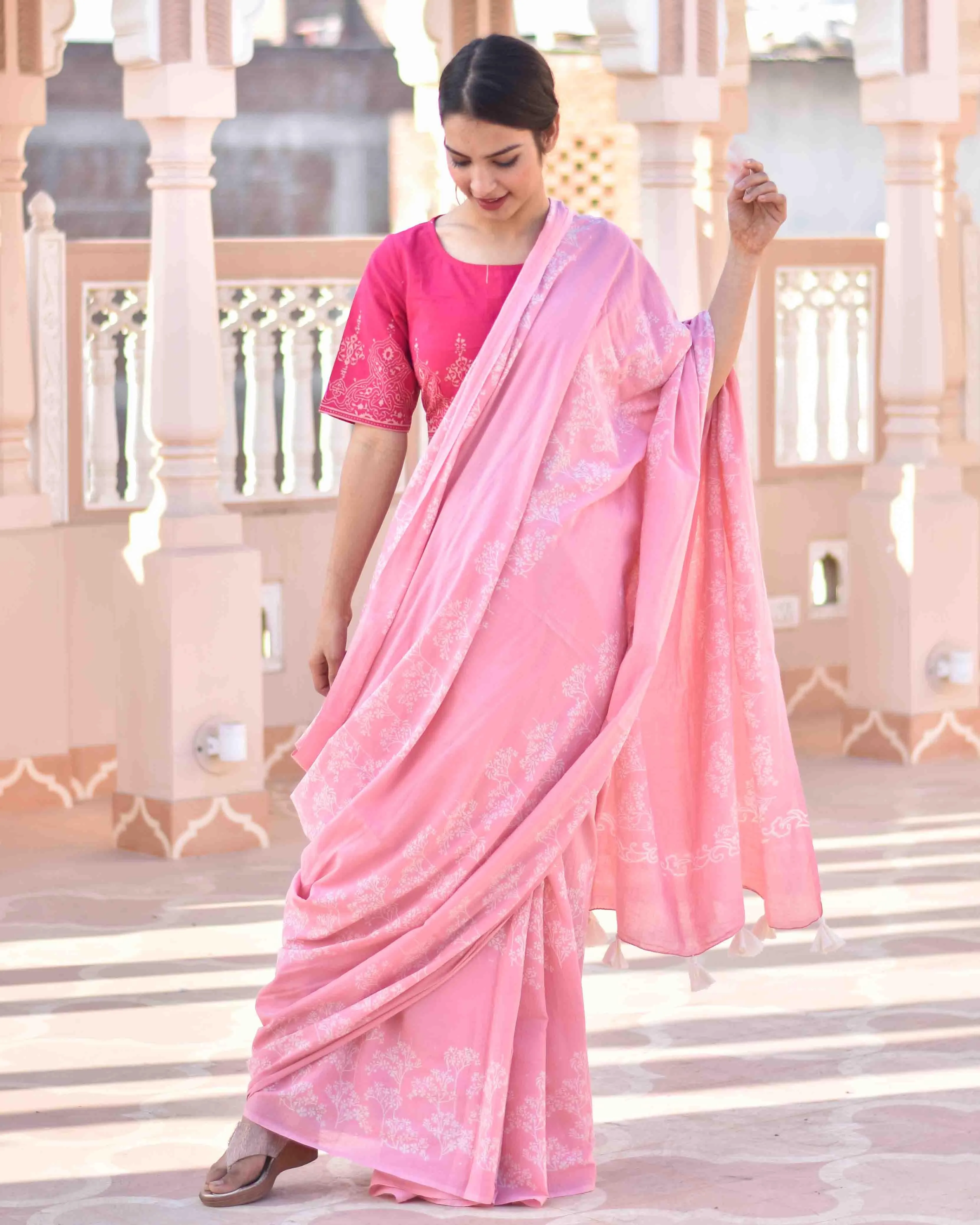 Pink Bouquet Handblock Printed Cotton Saree-Skd