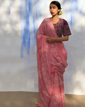 Pink Bouquet Handblock Printed Cotton Saree-Skd