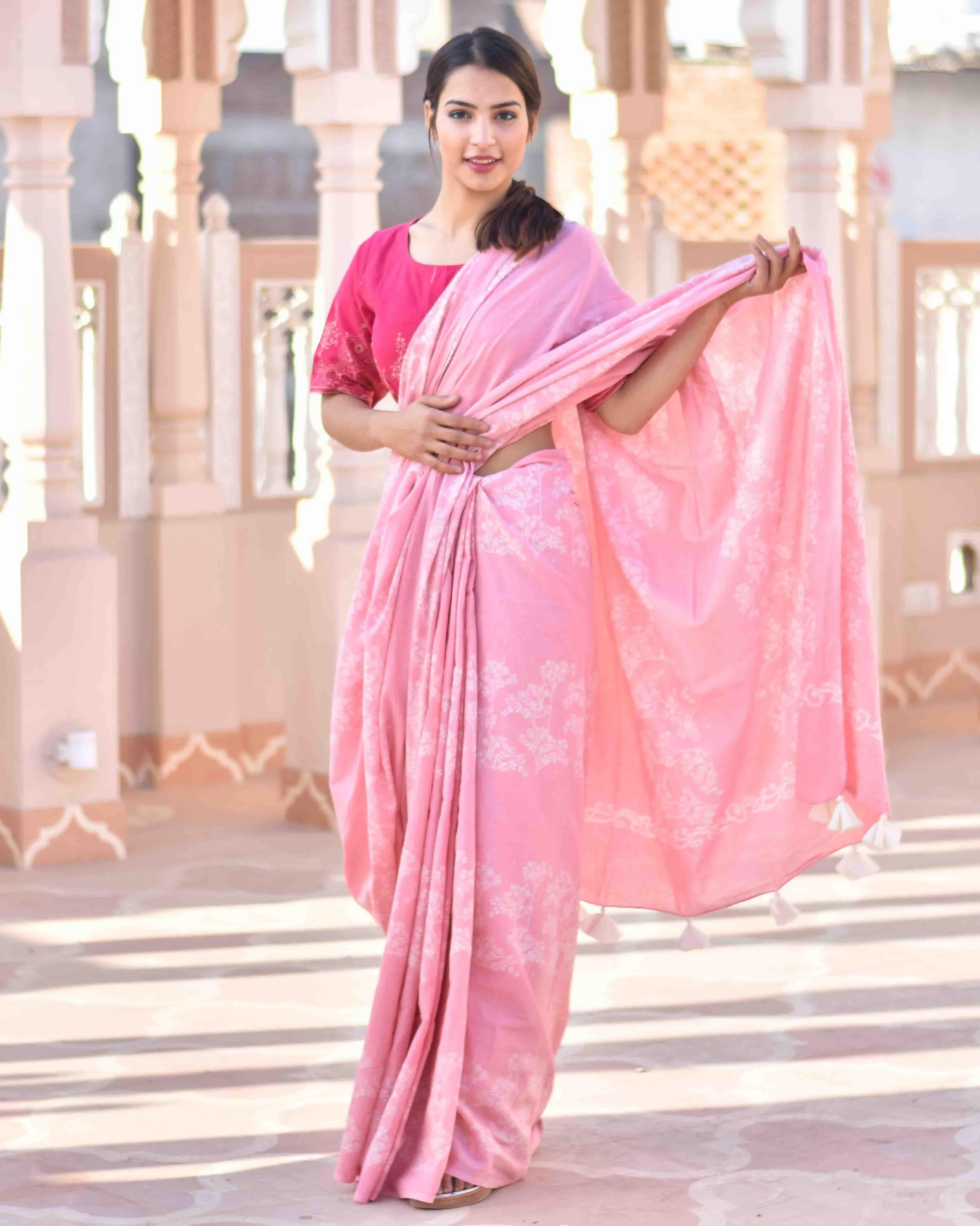 Pink Bouquet Handblock Printed Cotton Saree-Skd