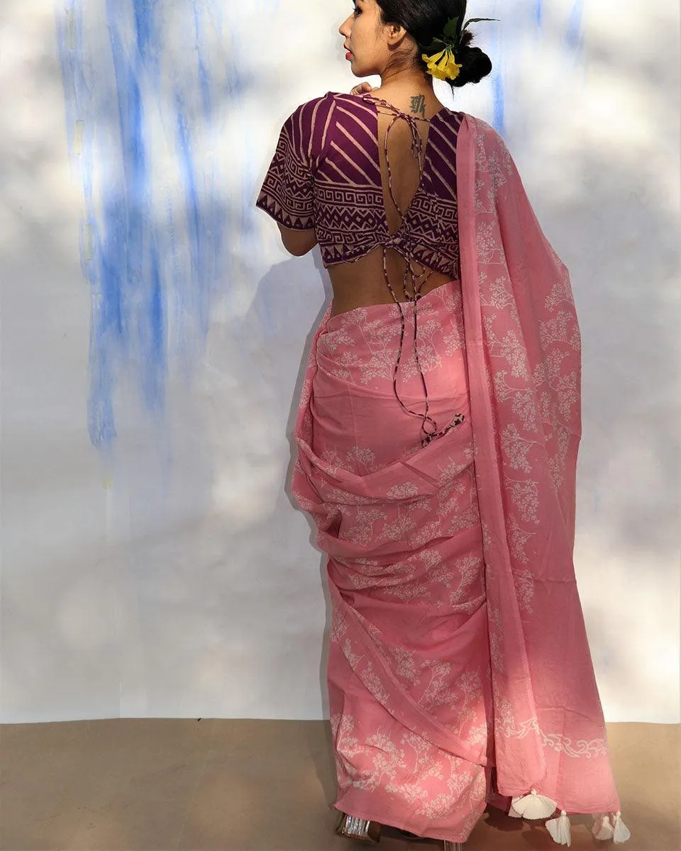 Pink Bouquet Handblock Printed Cotton Saree-Skd