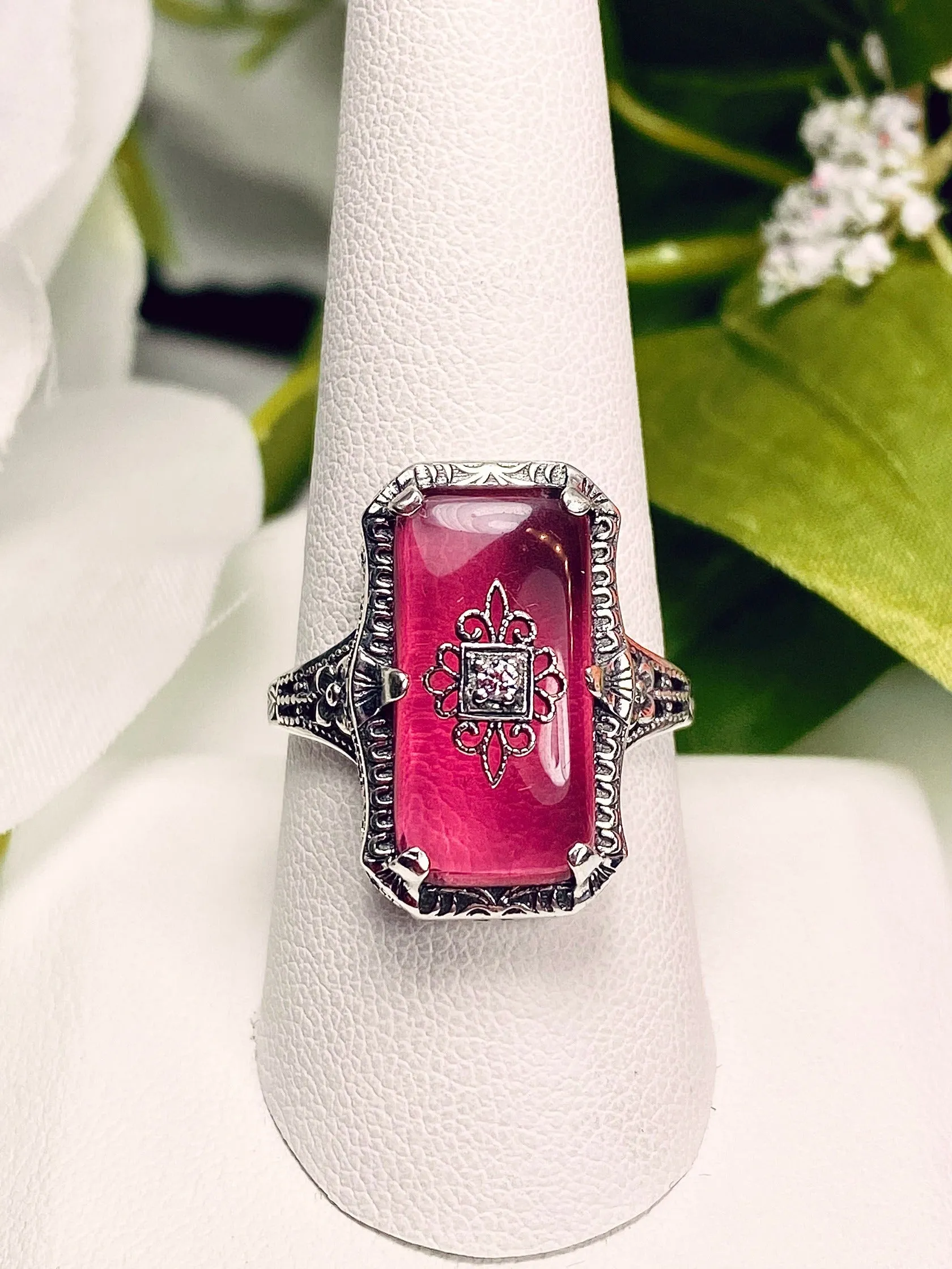 Pink Cabochon Glass Ring, Inset Embellishment, 1915 Vintage style, Edwardian Jewelry #D232e