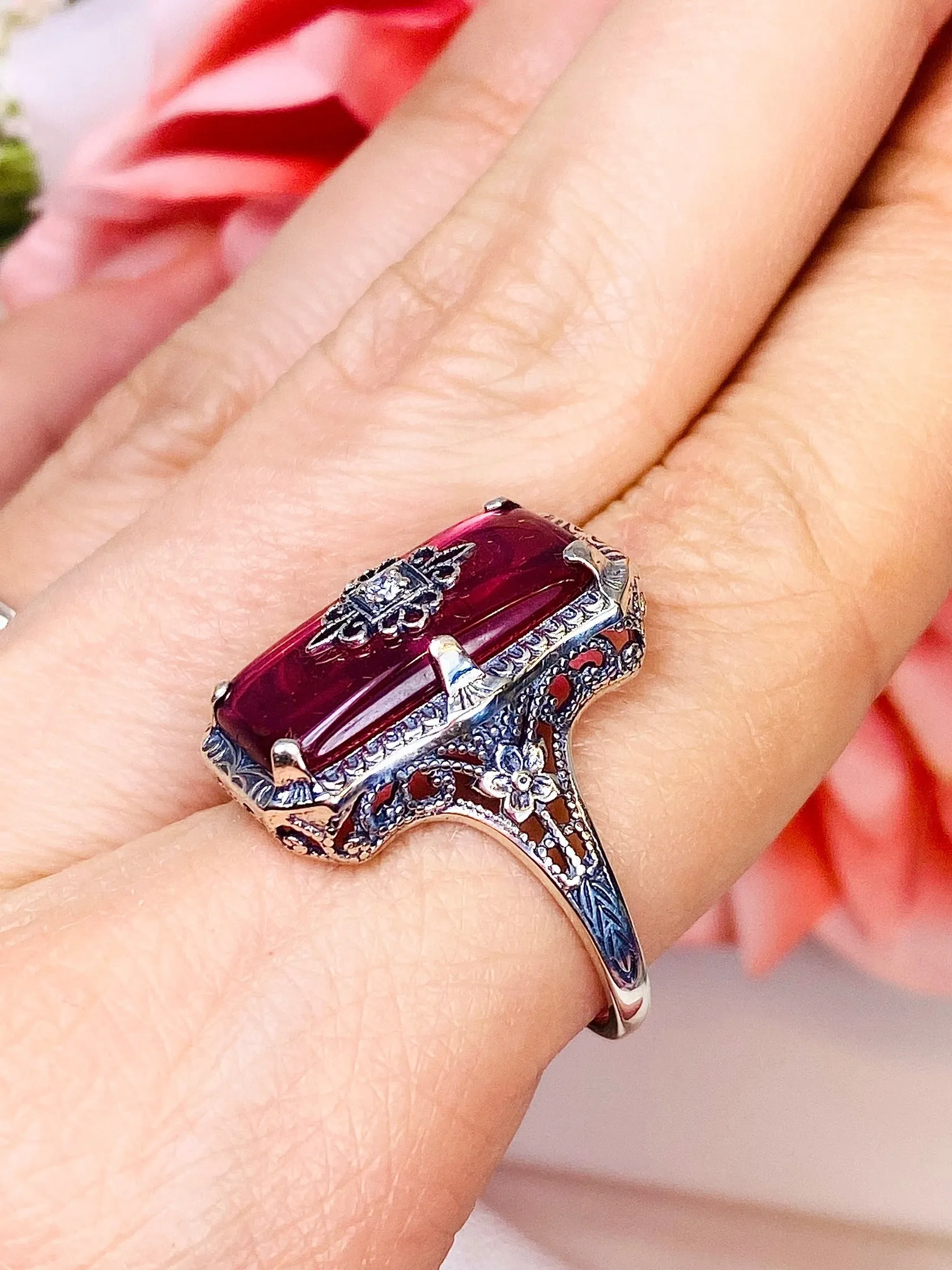 Pink Cabochon Glass Ring, Inset Embellishment, 1915 Vintage style, Edwardian Jewelry #D232e