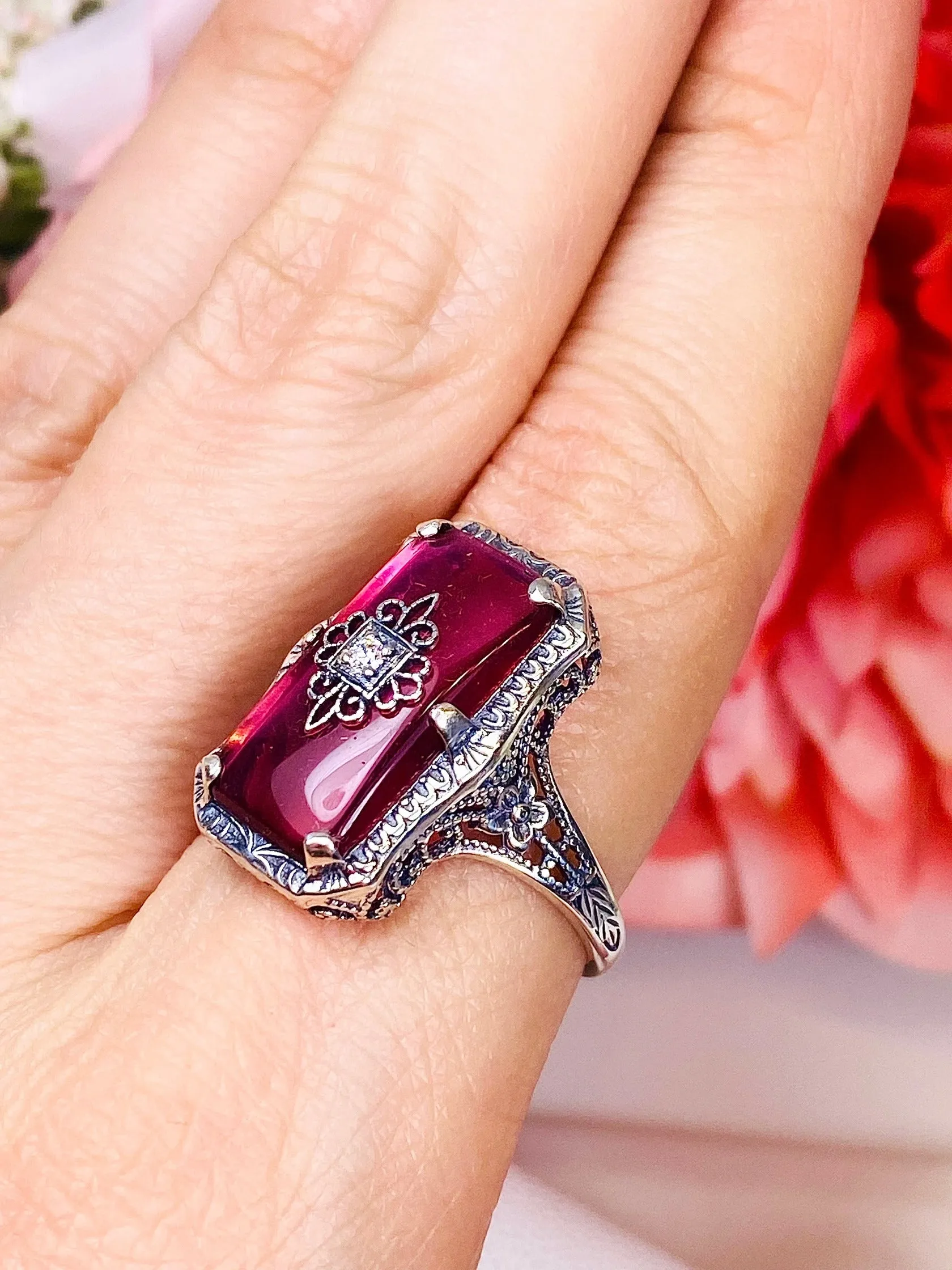 Pink Cabochon Glass Ring, Inset Embellishment, 1915 Vintage style, Edwardian Jewelry #D232e