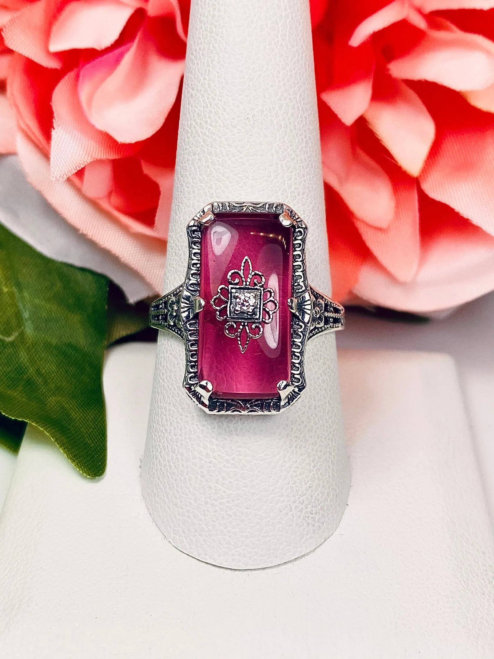 Pink Cabochon Glass Ring, Inset Embellishment, 1915 Vintage style, Edwardian Jewelry #D232e