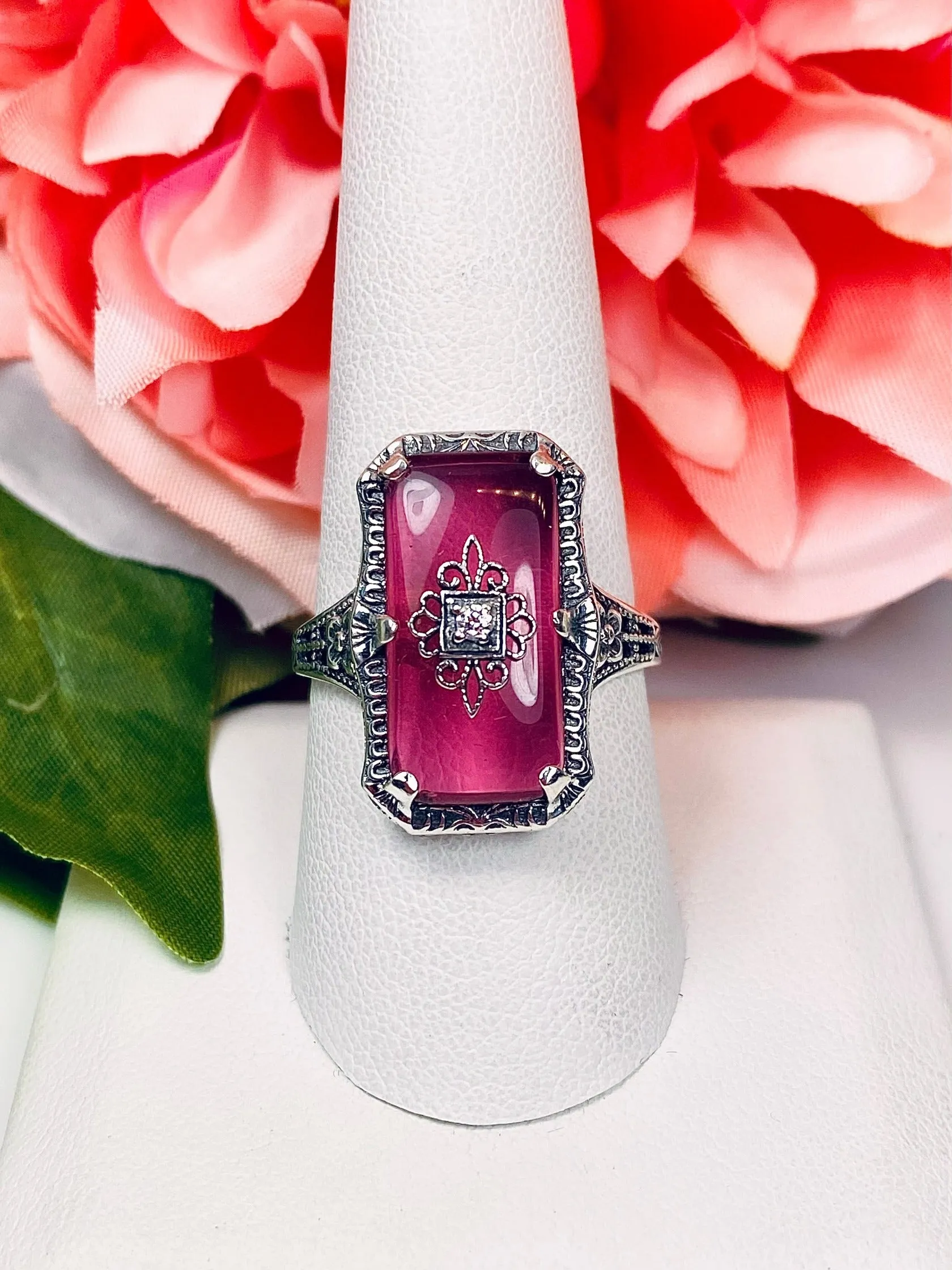 Pink Cabochon Glass Ring, Inset Embellishment, 1915 Vintage style, Edwardian Jewelry #D232e