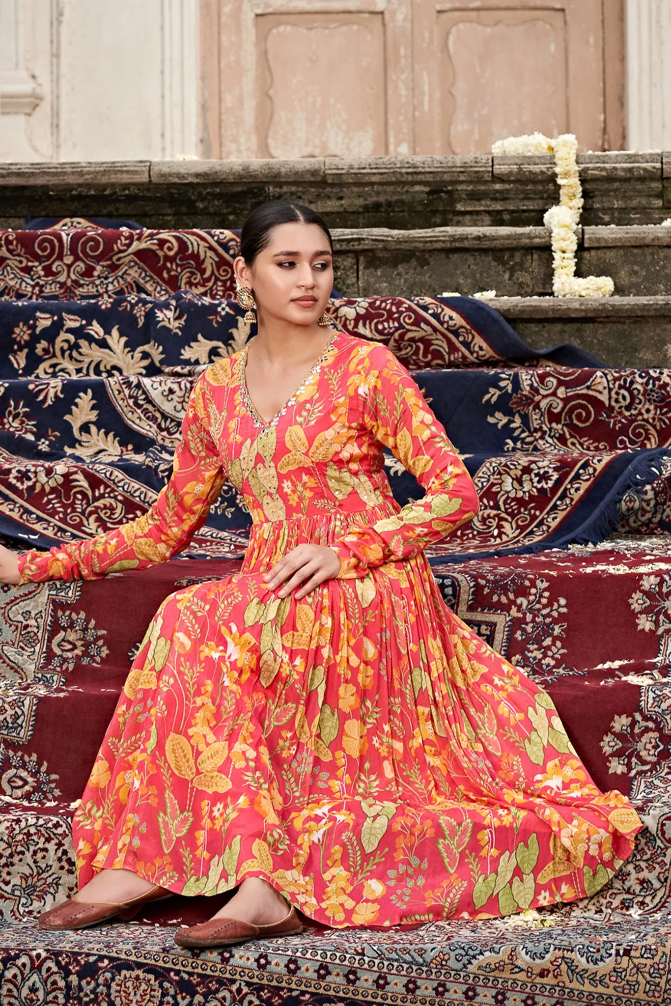 Pink Chinon Chiffon Gown Dress with Hand Embroidery