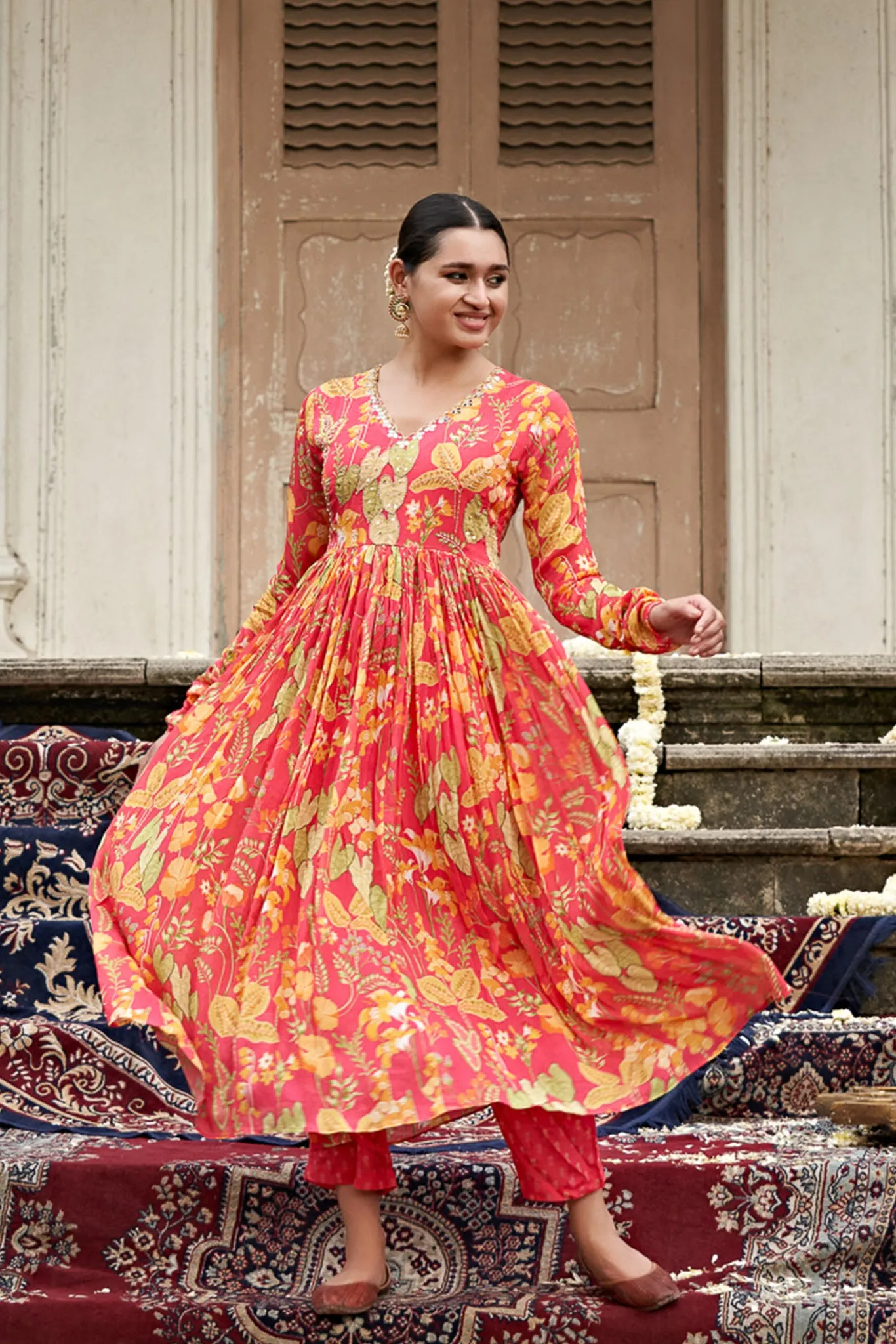 Pink Chinon Chiffon Gown Dress with Hand Embroidery