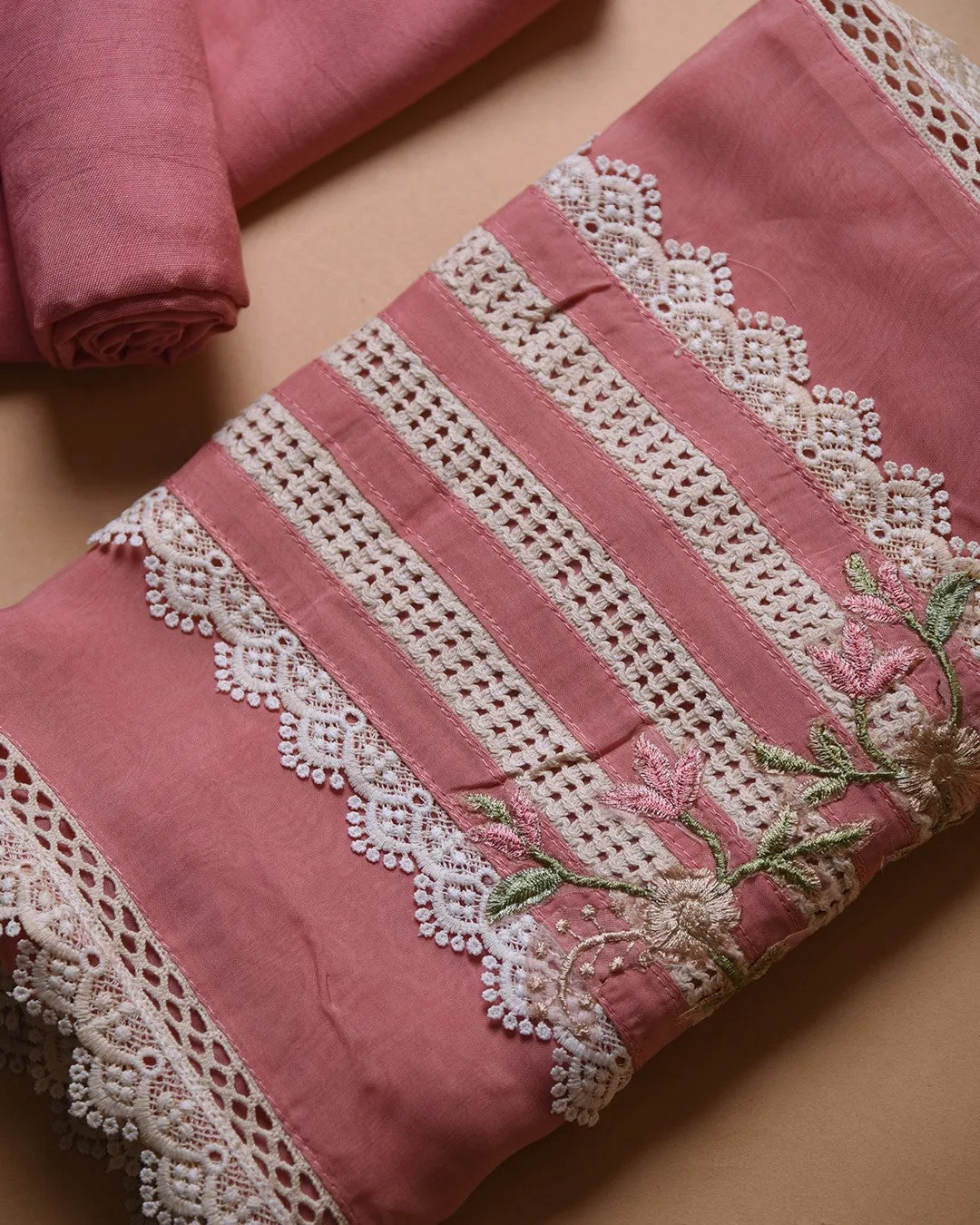 Pink Organza Blend Embroidered Unstitched Suit Fabric Set With Chiffon Dupatta