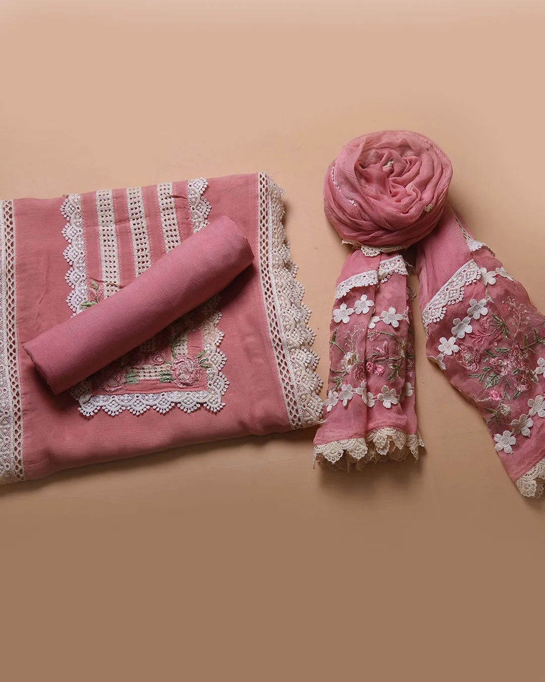 Pink Organza Blend Embroidered Unstitched Suit Fabric Set With Chiffon Dupatta