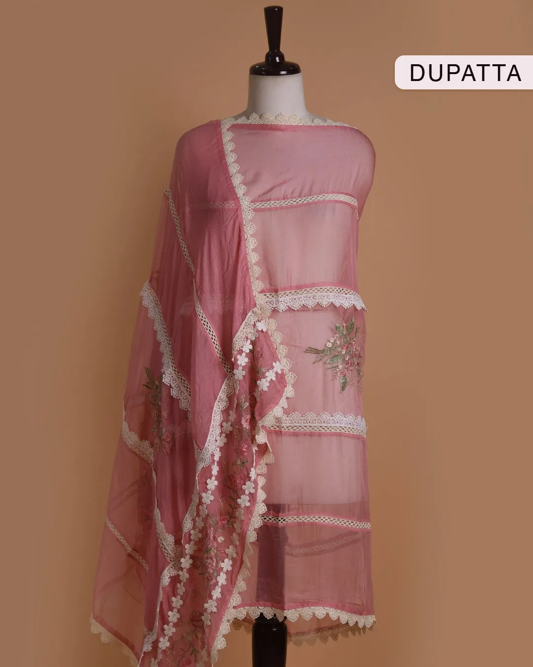 Pink Organza Blend Embroidered Unstitched Suit Fabric Set With Chiffon Dupatta