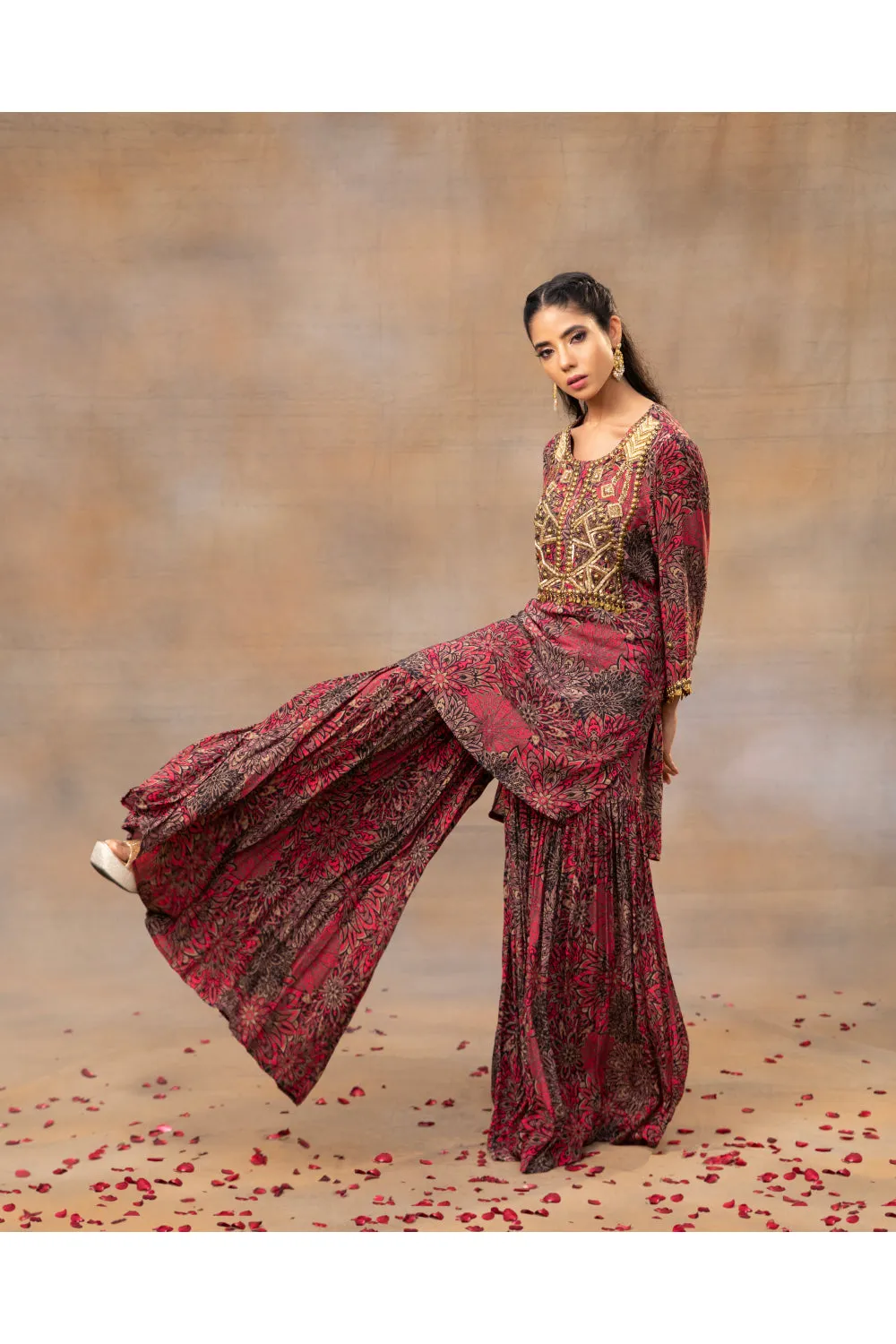 Pink Printed Embroidered Short Kurta Sharara Set