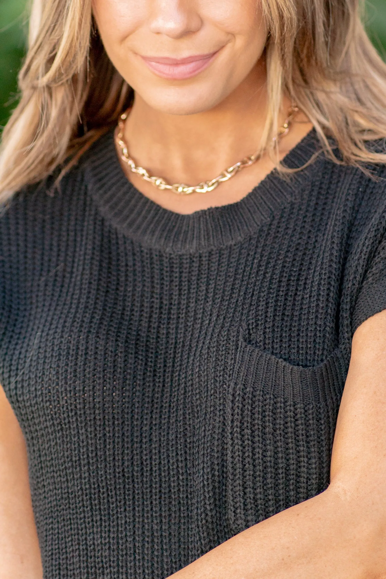 Pocketed Round Neck Cap Sleeve Knit Top